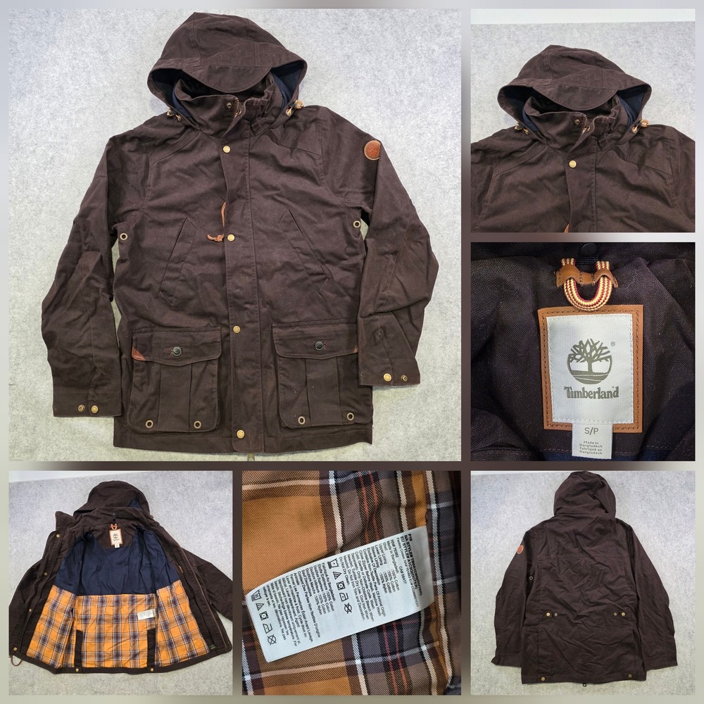 Timberland Wax Jacket Mens Small Brown Canvas Hooded Parka Plaid Lined Full Zip